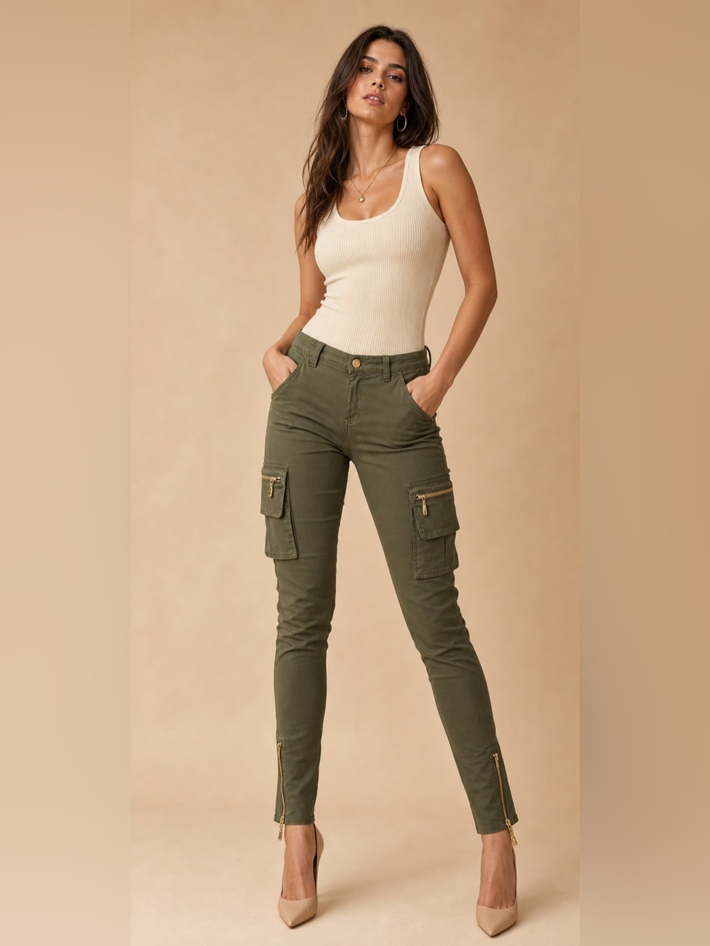 Good American Twill Skinny Cargo Olive Sz 4/27 NWOT Gold Ankle Zip
